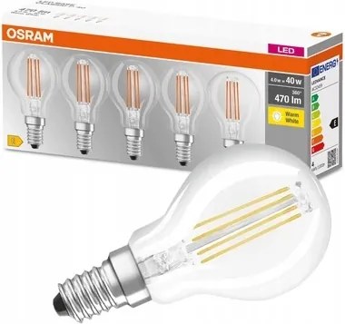 5PAK Led izzó E14 P45 4W 40W 470lm 2700K Meleg Filament Osram Base