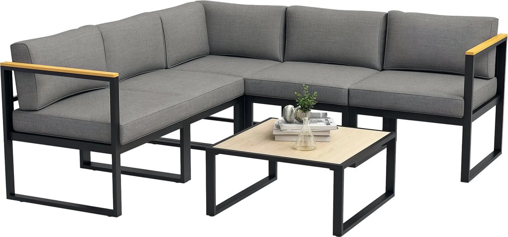 Outsunny Kert Lounge kanapéval és kávézóasztallal, 6 részes szett alumíniumból párnázott párnákkal, fa hatású asztallap, Szürke | Aosom