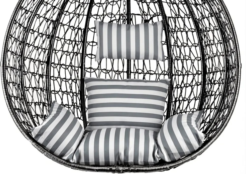 Fekete függő fotel KOKON állvánnyal, fehér-szürke párna