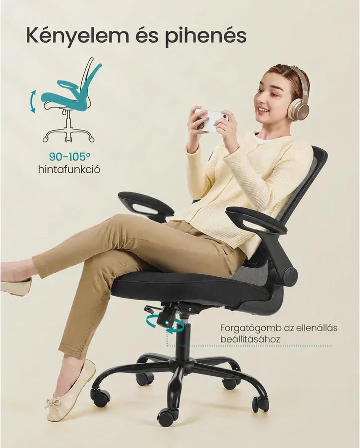 Irodai szék összecsukható karfákkal, ergonomikus számítógépes szék, fekete