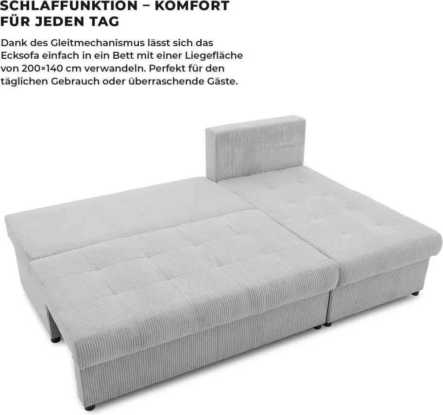 Venezia sarokkanapé, 3 ágyneműtartóval, kordbársony, univerzális oldal, hab töltet, szürke