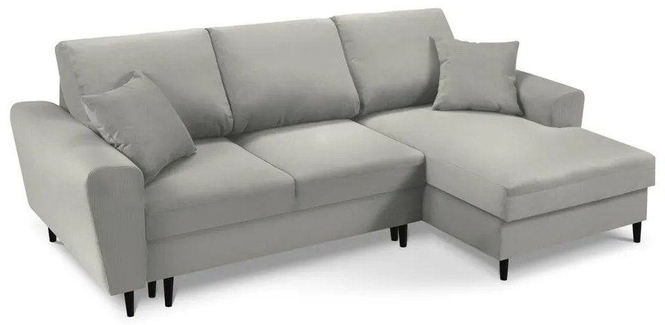 Világosszürke kordbársony kinyitható tárolóhelyes sarokkanapé (jobb oldali-heverő résszel) Kyoto – Cosmopolitan Design