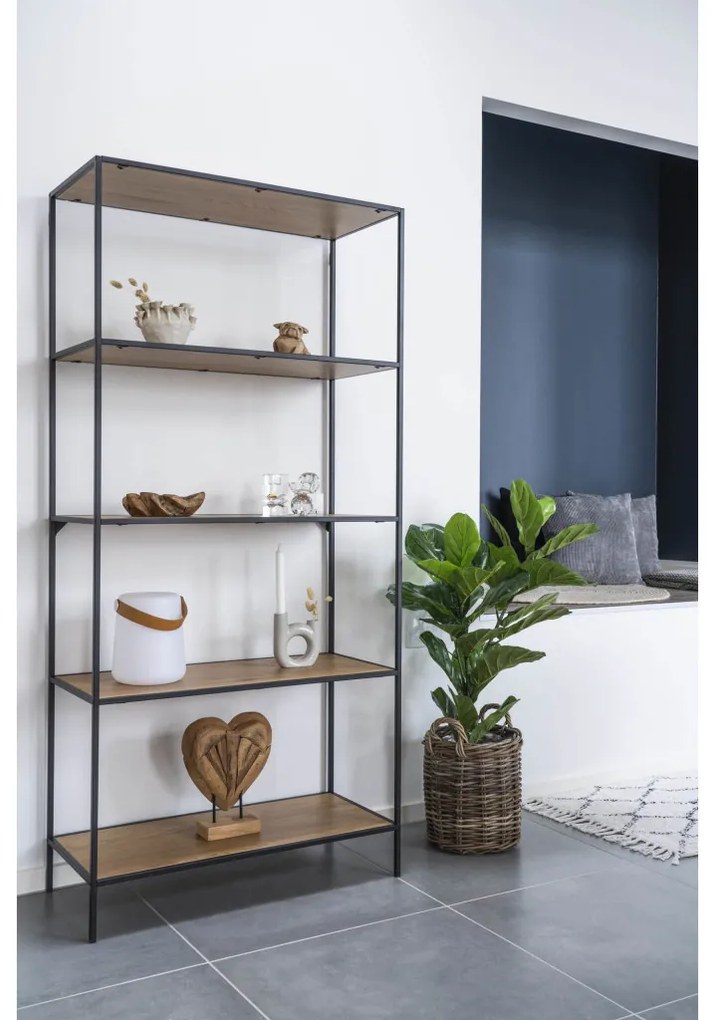 Vita polc, 5 polcos, tölgy hatású, fekete keret 80x36x170 cm