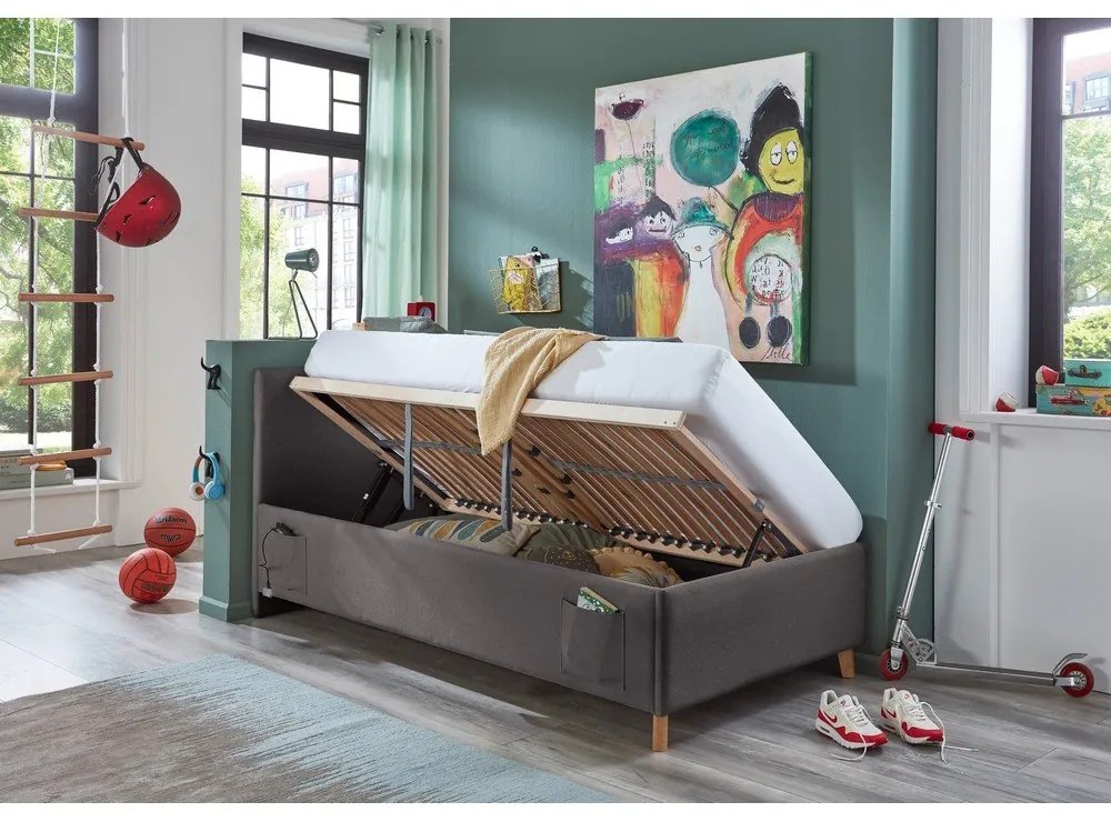 Antracitszürke kárpitozott ágyneműtartós gyerekágy ágyráccsal 90x200 cm Cool – Meise Möbel