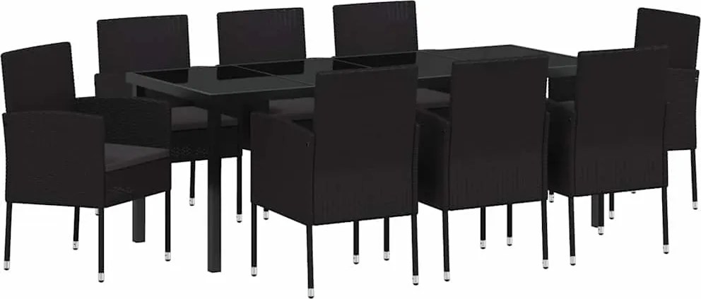 vidaXL Kert étkező szett párnával 9 pcs Fekete polirattan