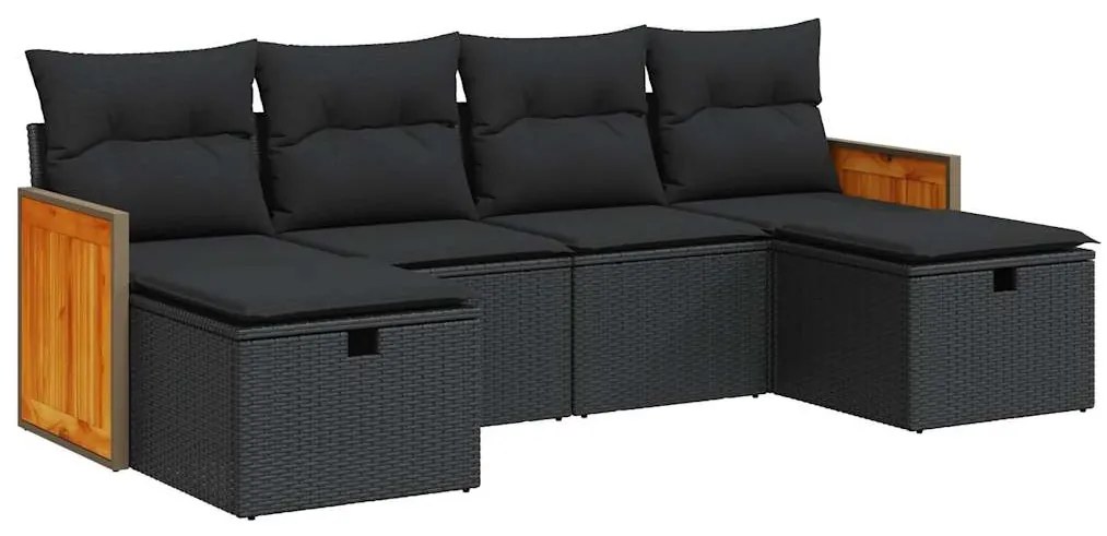 6 részes fekete polyrattan kerti ülőgarnitúra párnákkal
