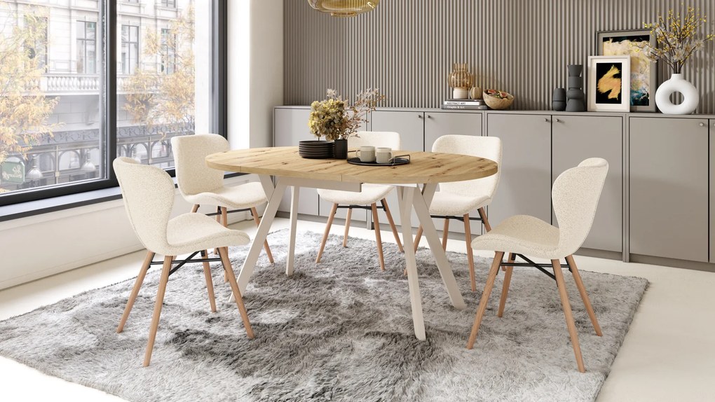 MAZZONI EXPORT ALTEA Crème (tissu Monza 90)/pieds en chêne naturel - CHAISE MODERNE BOUCLÉ POUR SALON/SALLE À MANGER/CUISINE/BUREAU