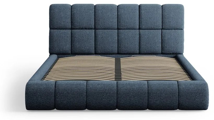 Sötétkék kárpitozott franciaágy tárolóhellyel, ágyráccsal 200x200 cm Bellis – Micadoni Home