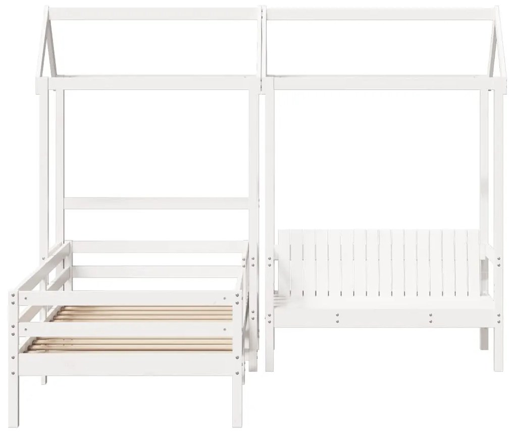 fehér tömör fenyőfa ágy és pad szett tetővel 75 x 190 cm