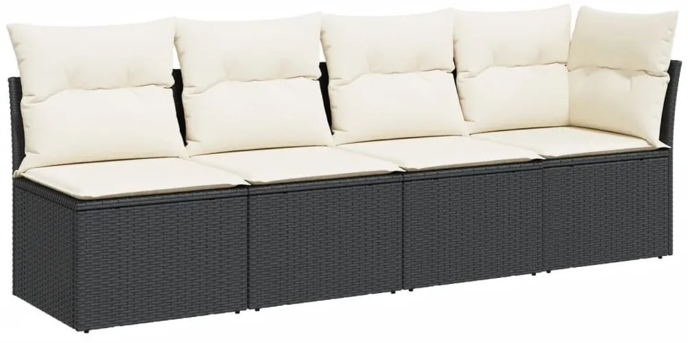 4 személyes fekete polyrattan kerti kanapé párnával