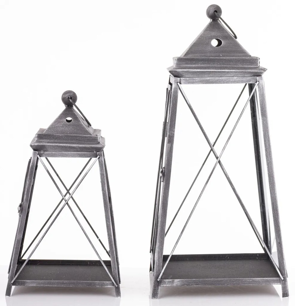 Vintage szürke szögletes 2db-os áttört fém lámpás lantern szett fogantyúval 37,5x21x21 / 55x25x25cm
