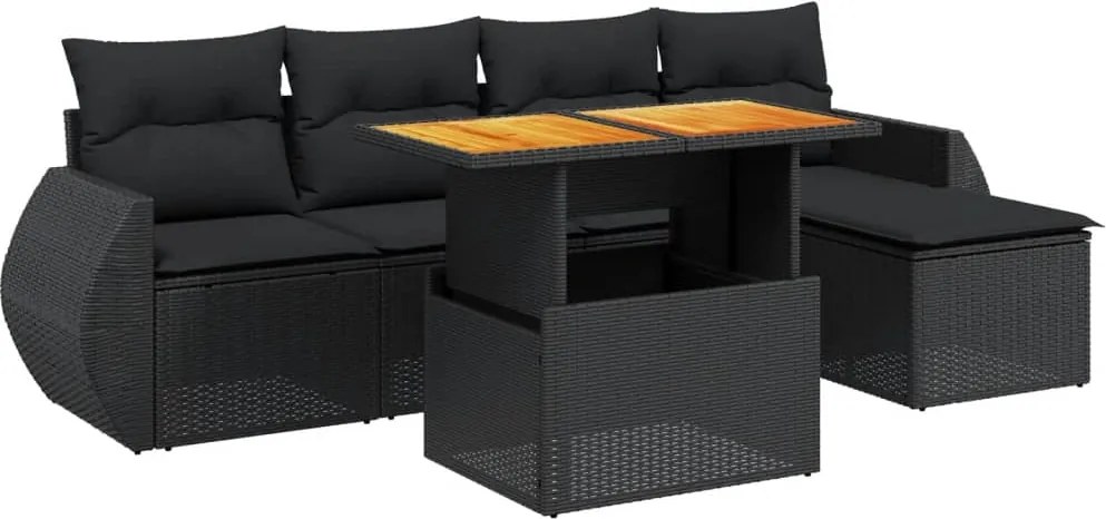 vidaXL 6 részes fekete polyrattan kerti ülőgarnitúra párnákkal