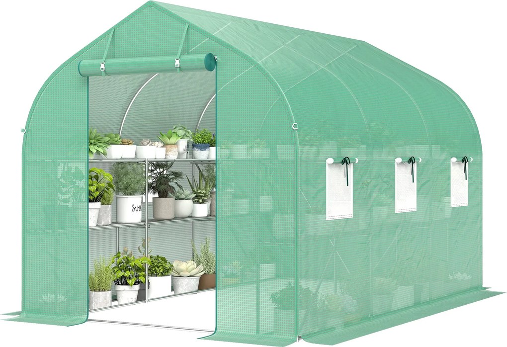 Outsunny 6 m² alagút fóliaház polcokkal, 198 x 293 x 194 cm — horganyzott váz, feltekerhető ajtó, 6 hálós ablak, 140 g/m² PE borítás — zöld | Aosom