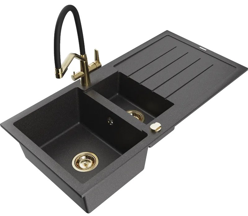 Mexen Andres 1,5-medencés gránit mosogató lefolyóval és Duo konyhai csapteleppel, fekete pöttyös - 6515-76-671701-57-G