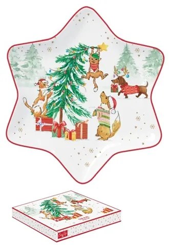 Cicás kutyás karácsonyi porcelán csillag tálca Christmas Gang