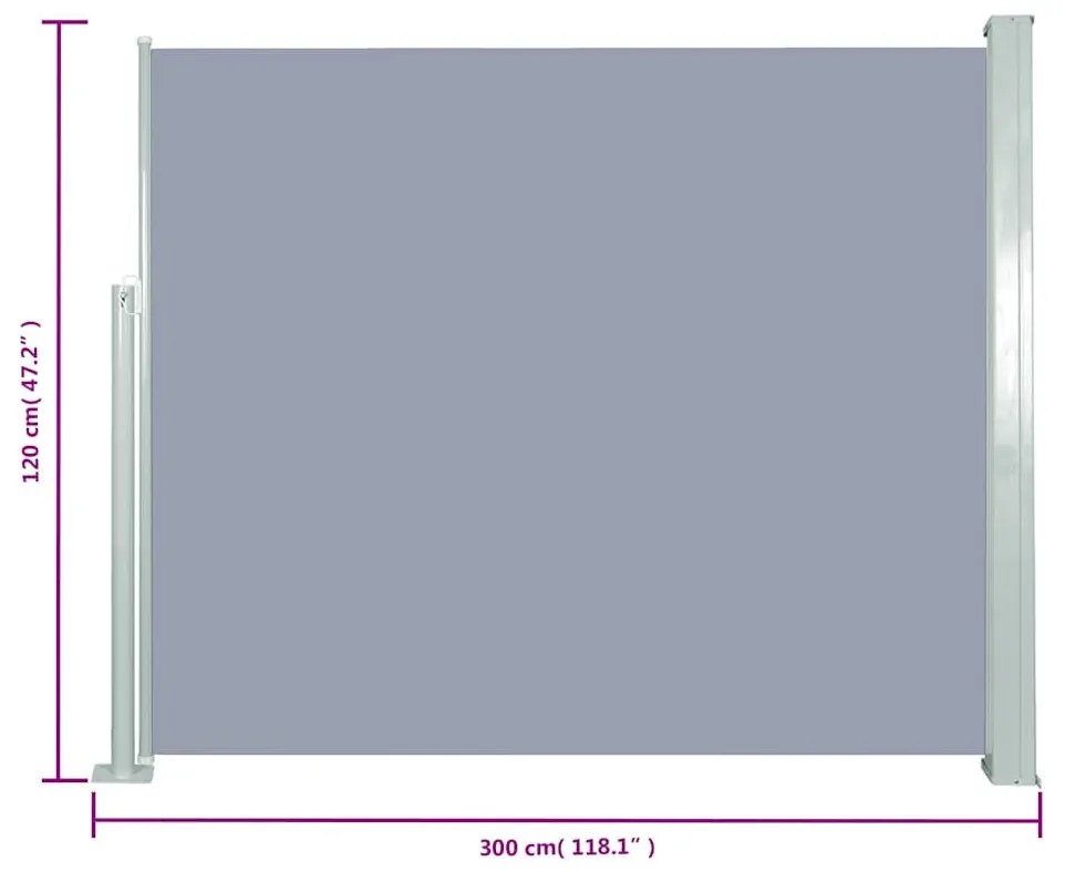 szürke behúzható oldalsó napellenző 120 x 300 cm