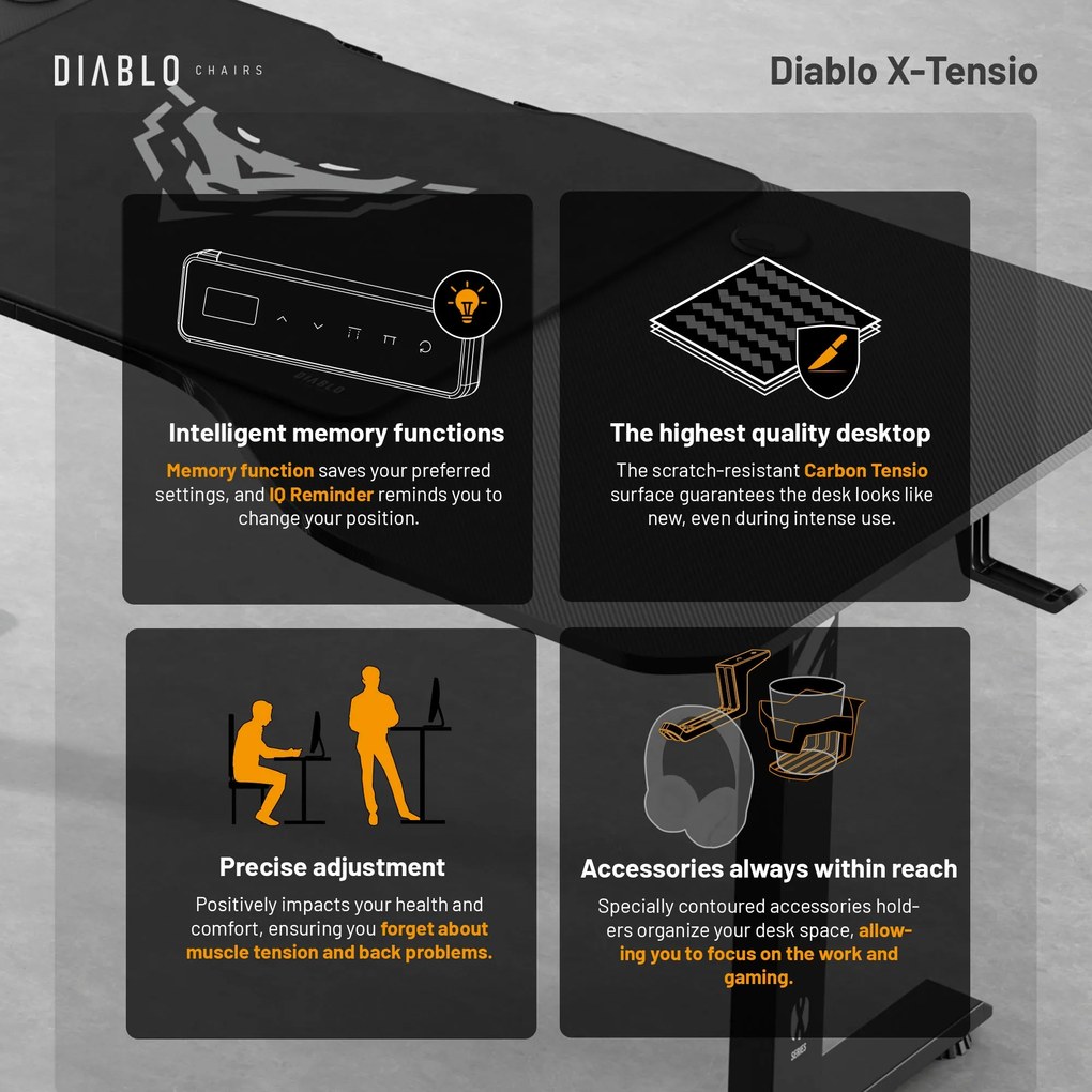 Diablo X-Tensio Állítható Magasságú Íróasztal 1600 Fekete