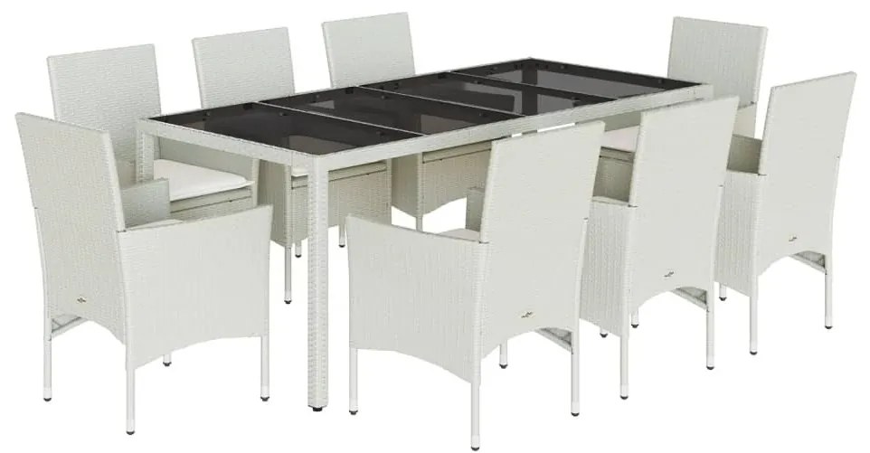 9 részes fehér polyrattan/üveg kerti étkezőgarnitúra párnákkal