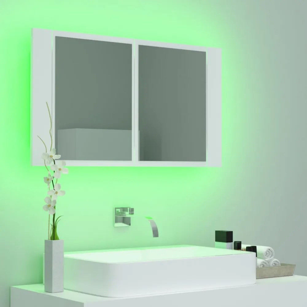 fehér akril LED-es fürdőszobaszekrény tükörrel 80x12x45 cm