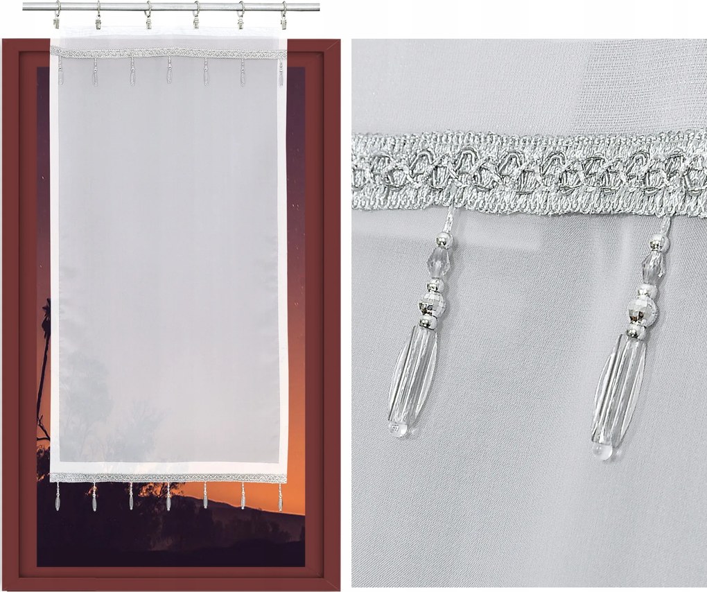 Kész függöny panel, fátyol képernyő fehér, szürke gyöngyökkel 50x100 cm széles