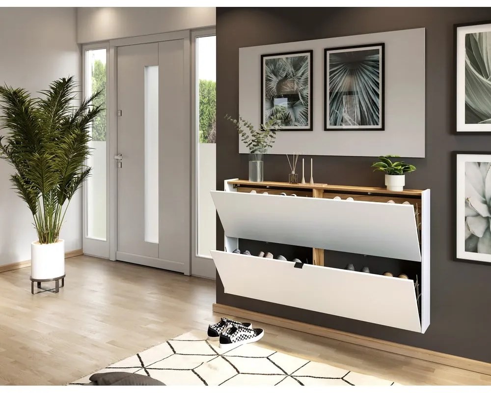 Fehér billenő ajtós függő cipőtartó tölgyfa dekorral 140x83x18 cm Ameca – Germania