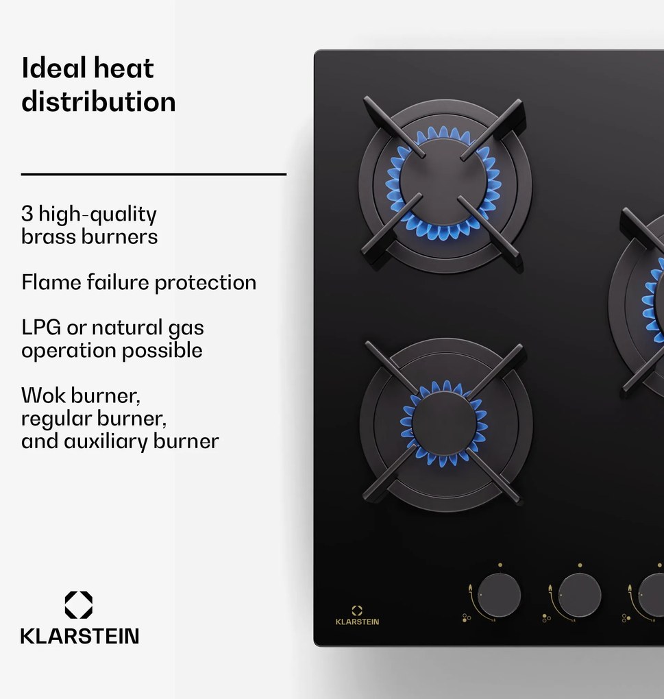 Klarstein Goldflame Domino, gáz főzőlap, 3 sárgaréz égő, rozsdamentes acél