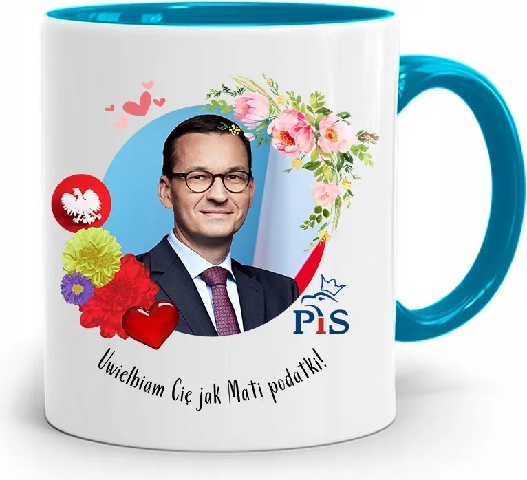 Kék Politikus Bögre Mateusz Morawiecki Miniszterelnök fényképes nyomtatással