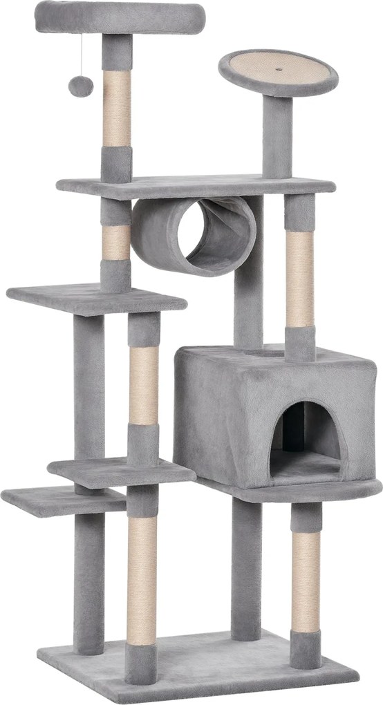 PawHut Oszlop Karcolófa 165cm Karcoló Felülettel és Ülepítőkkel Kiscicák és Felnőtt Macskák Részére 4,5kg-ig, Szürke, 60x50x165cm | Aosom