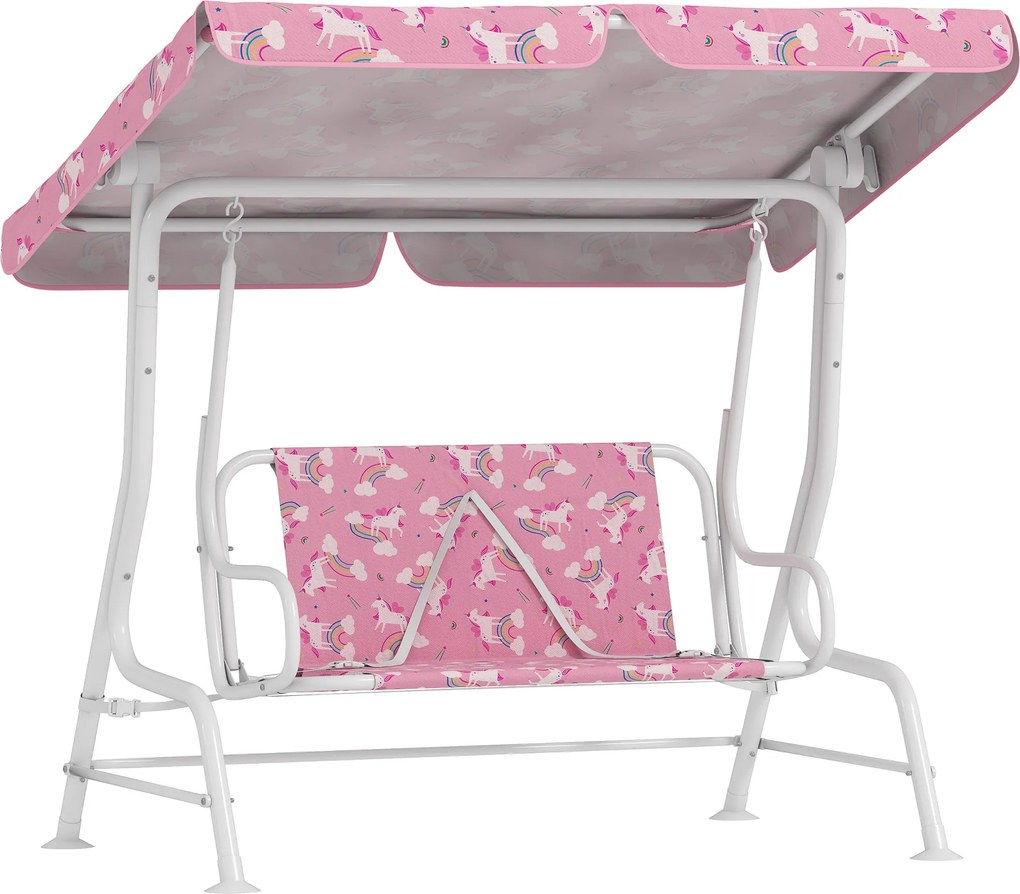 AIYAPLAY kétüléses kerti hinta állítható napellenzővel és biztonsági övekkel — Egyszarvú & Szivárvány, rózsaszín — 112 x 75 x 120 cm | Aosom