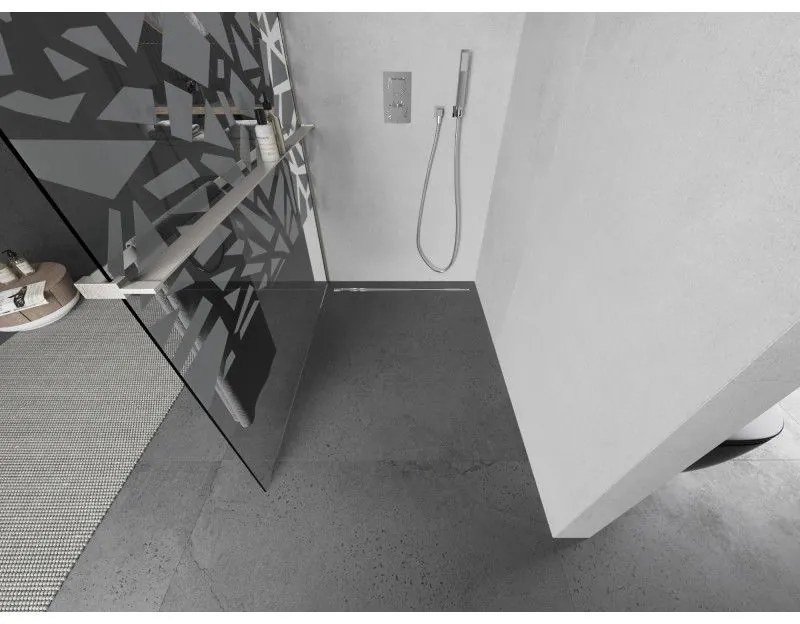 Mexen Kioto+, Walk-In zuhanyparaván polccal és akasztóval 90 x 200 cm, 8 mm átlátszó üveg fehér mintás, csiszolt acél profil, 800-090-121-97-85