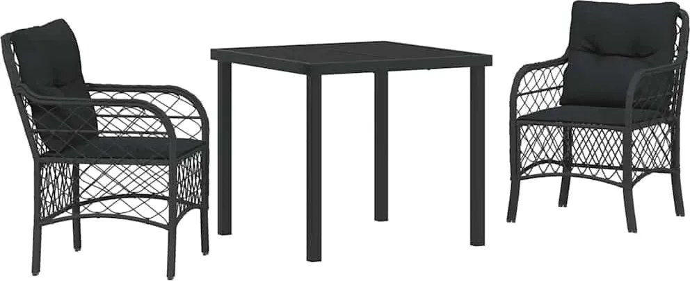 vidaXL Kert étkező szett párnával 3 pcs Fekete polirattan