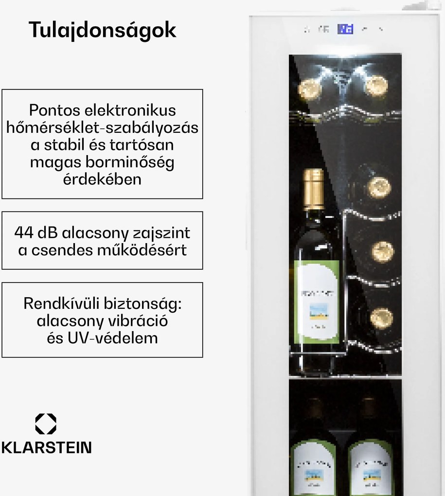Klarstein Shiraz 12 Slim, borhűtő, 32 liter, 12 palack, 85 W, 5 – 18 °C, érintőképernyős vezérlőpanel