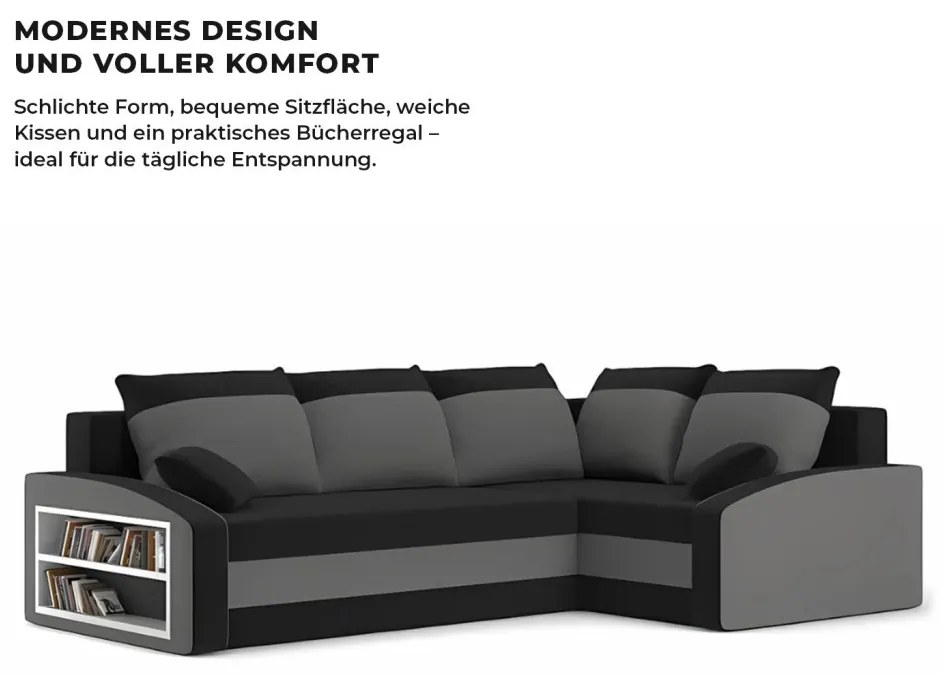 Grande sarokkanapé polcokkal , polc a bal karfaban, jobboldali, szövet anyag, bonell töltet, fekete - szürke