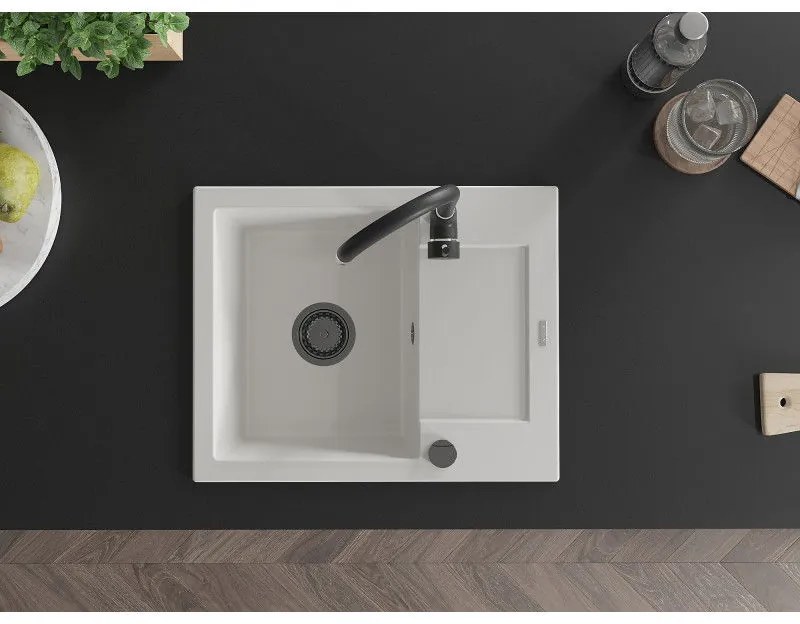 Mexen Enzo, gránit mosogató 576x465x174 mm, 1 kamrás, fehér, fekete szifonnal, 6506571005-20-B