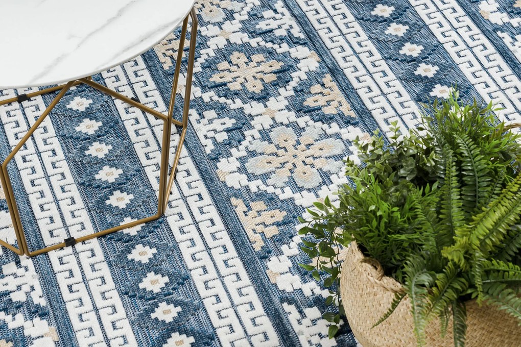Szőnyeg Structural BOTANIC 65252 Boho, lapos szőtt az erkélyen, teraszon - sötétkék