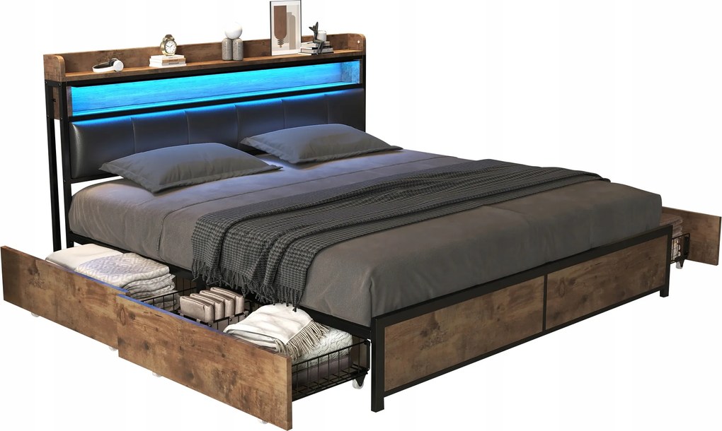 Kárpitozott ágy 180 x 200 cm Led franciaágy 4 fiók barna