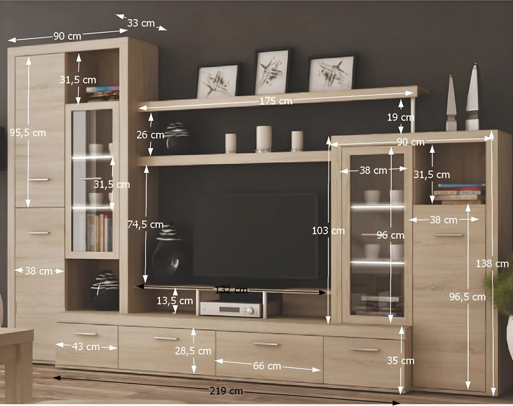 Nappali sor LED világítással, sonoma tölgyfa, ATLANTIS NEW