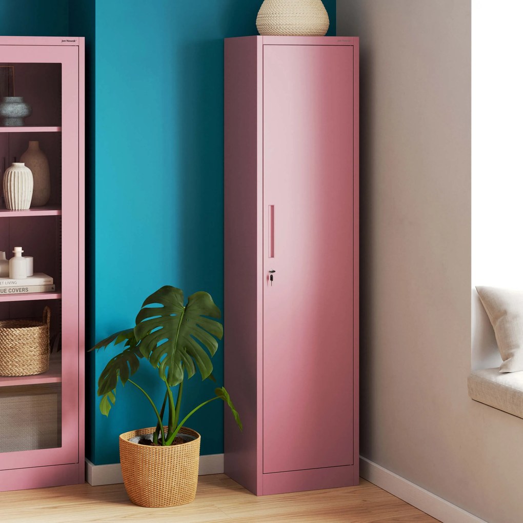 Keskeny fém irodai iratszekrény, púderrózsaszín, 450x1850x400 mm: ALEX Fresh Style