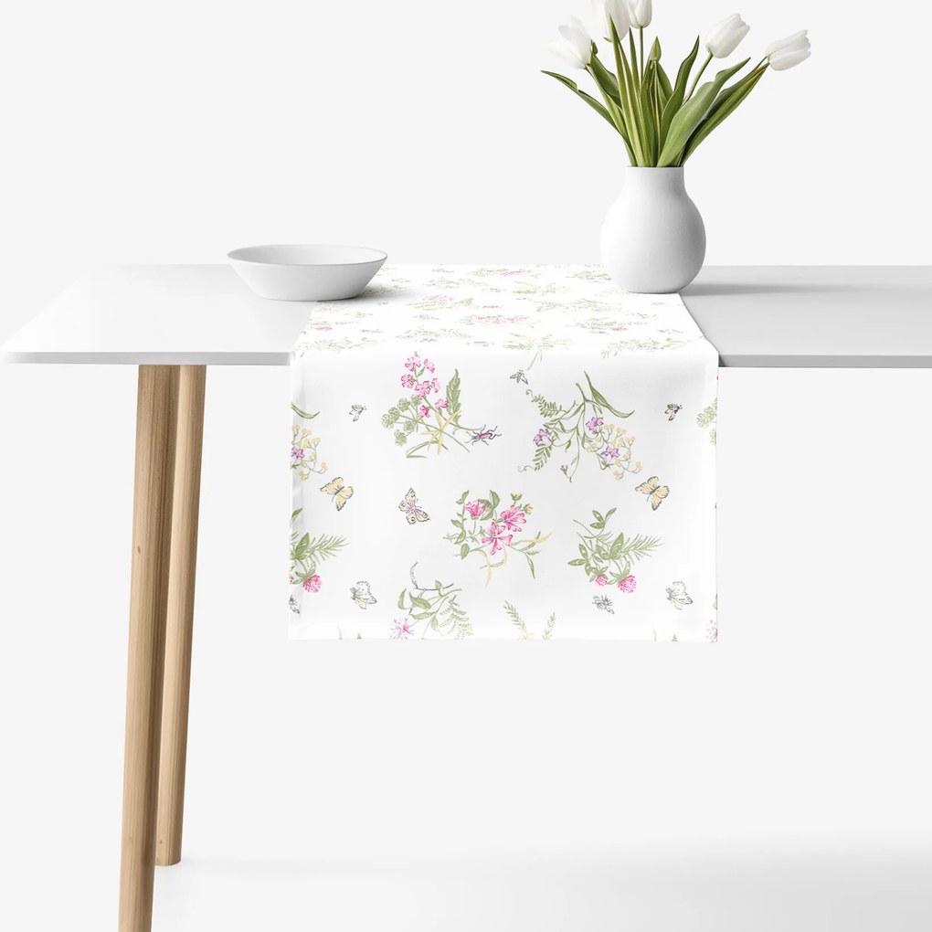 Goldea pamut asztali futó - színes réti virágok fehér alapon 50x180 cm