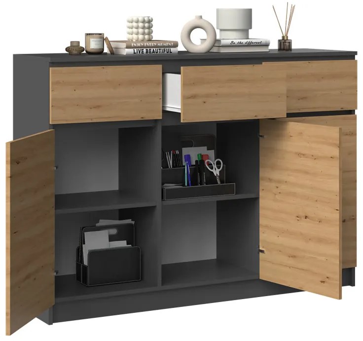 Riano MIX 3D3S komód, 120x97x40 cm, antracit-tölgy