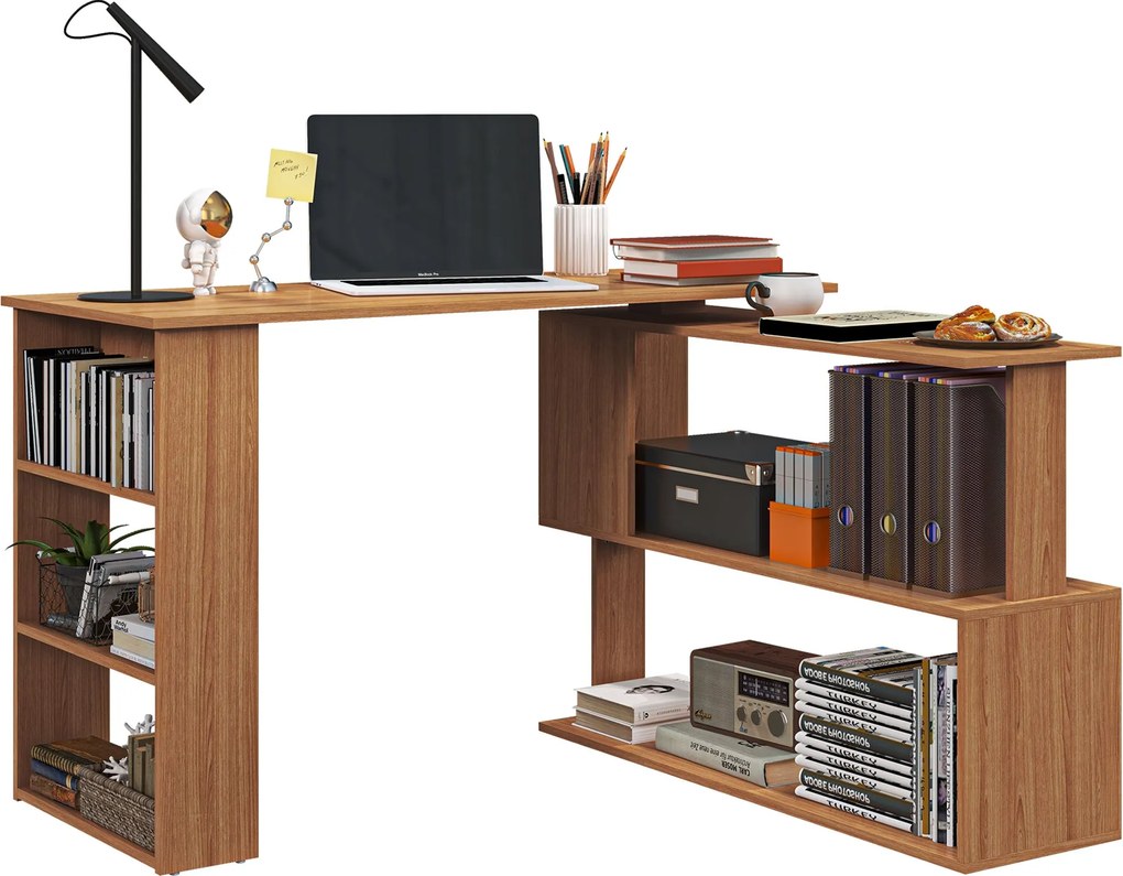 HOMCOM Forgatható Sarokasztal 5 Polccal, Fából készült Sarokszámítógép Asztal, Irodába, Nappaliba és Tanulószobába, Ipari Stílus, 120x110x74.5 cm, Acé