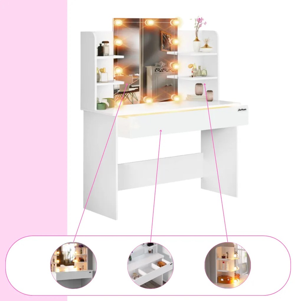 LUCIA fésülködőasztal világítással, 108x40x140cm, fehér Jurhan