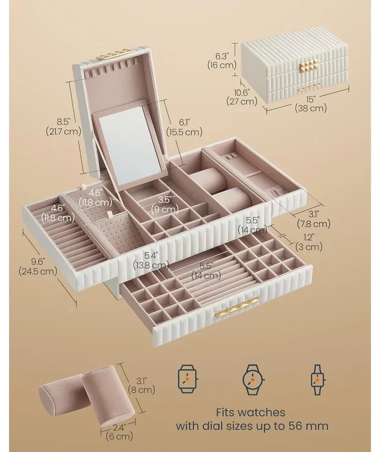 Nagy kapacitású ékszerdoboz tükörrel, ékszertartó fiókkal, felhőfehér