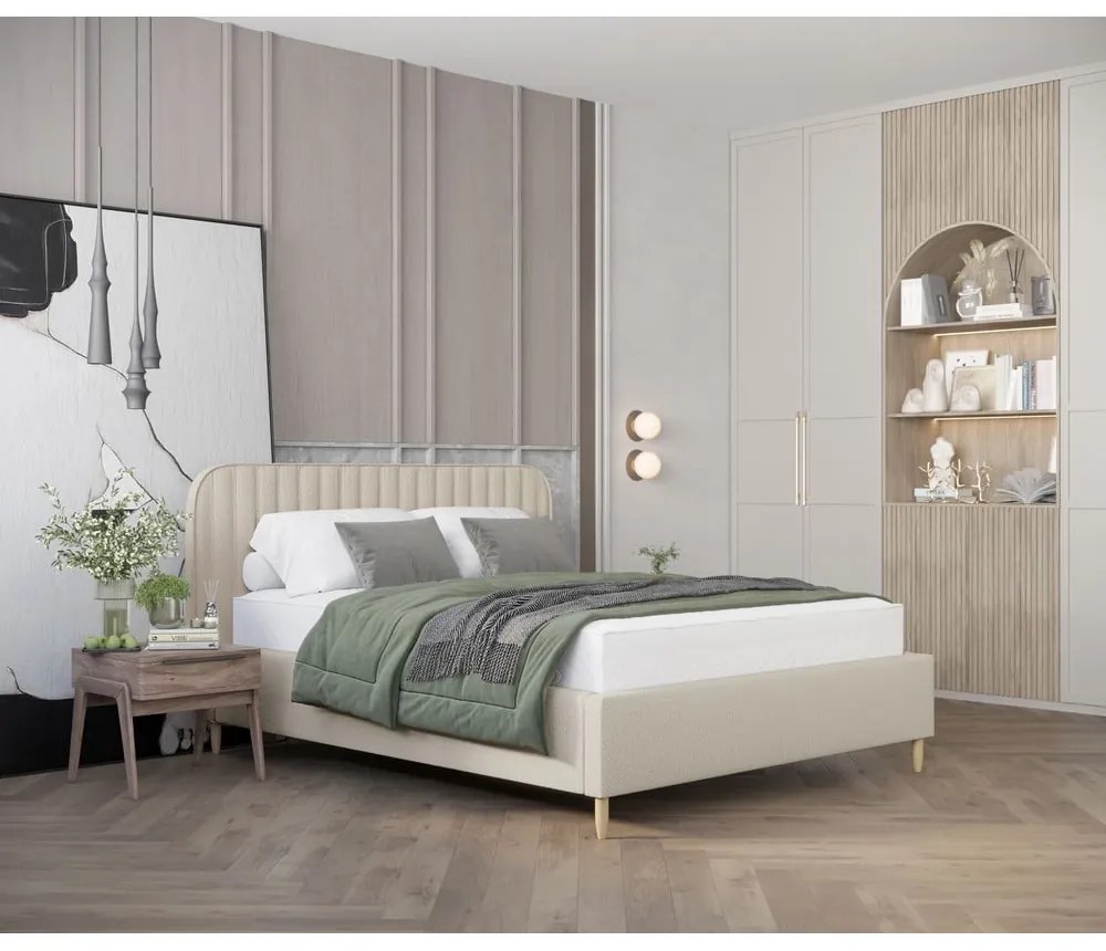 Bézs kárpitozott ágyneműtartós franciaágy ágyráccsal 180x200 cm Noto – Maison de Rêve