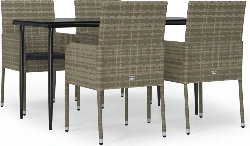 vidaXL 5 részes fekete és szürke polyrattan kerti étkezőszett párnával