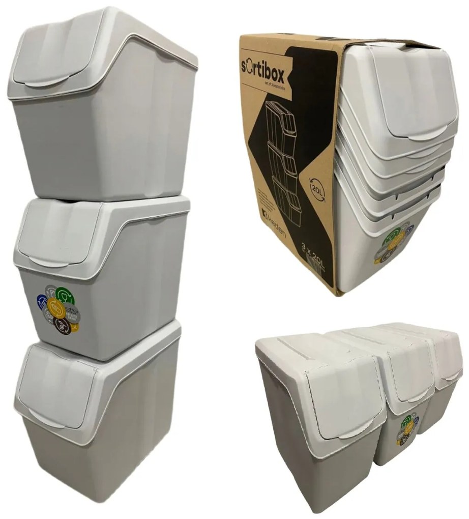 PROSPERPLAST 3 darabos hulladékgyűjtő szett SORTIBOX hamuszürke - 3x20L