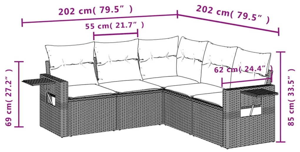 5 részes bézs polyrattan kerti ülőgarnitúra párnákkal