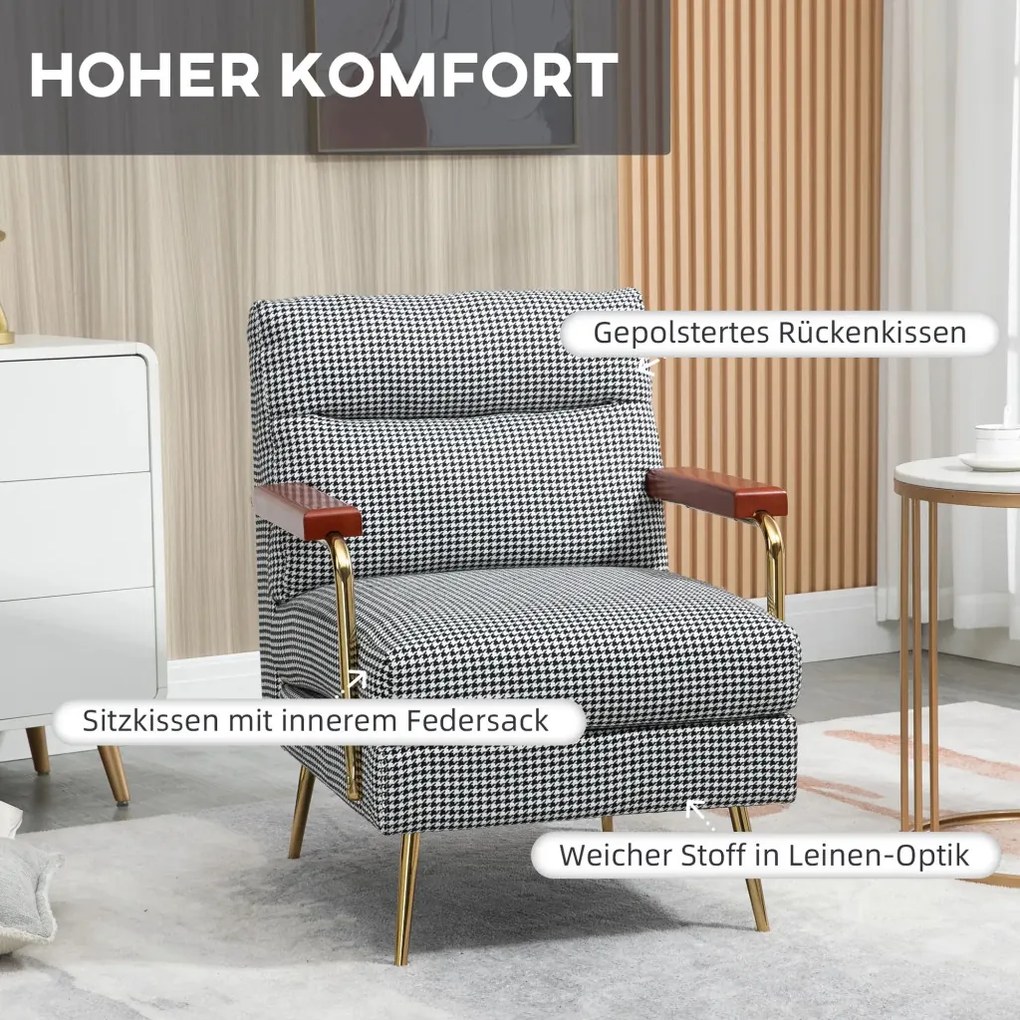 HOMCOM Retró dizájnú karosszék, kiegészítő szék, tyúklábminta, fa elemek, rugós mag, fekete-fehér