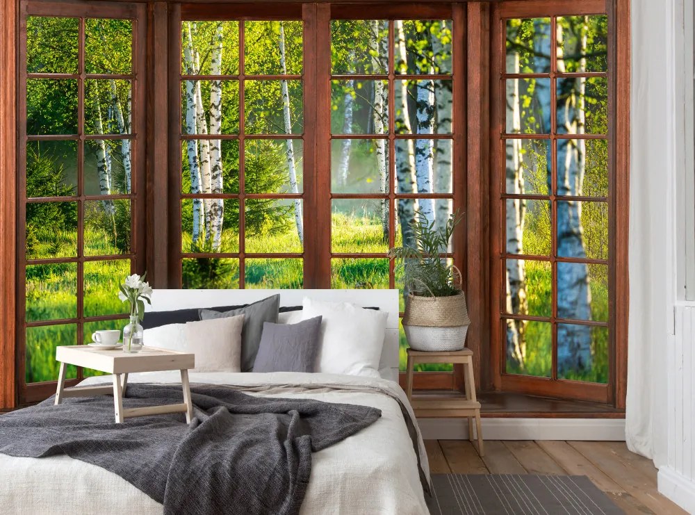 Ablakból kilátás erdőre poszter, fotótapéta, Vlies (350 x 250 cm)