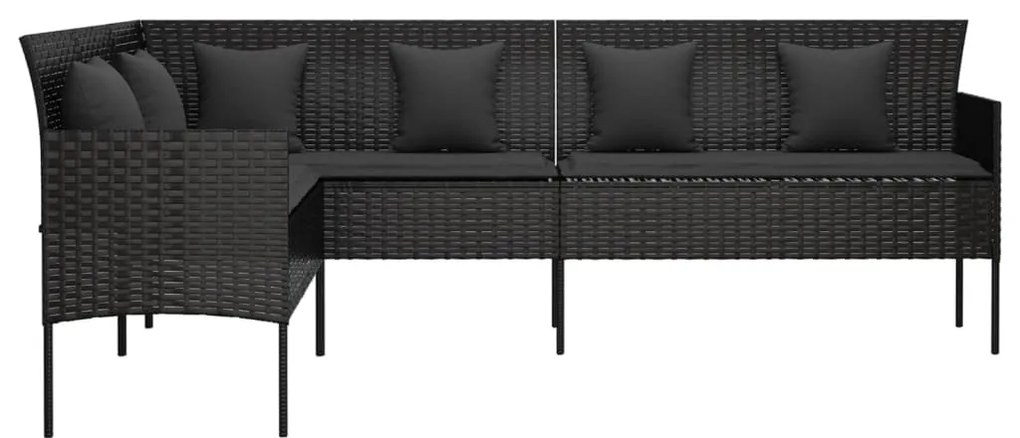 L-alakú fekete polyrattan kerti kanapé párnákkal